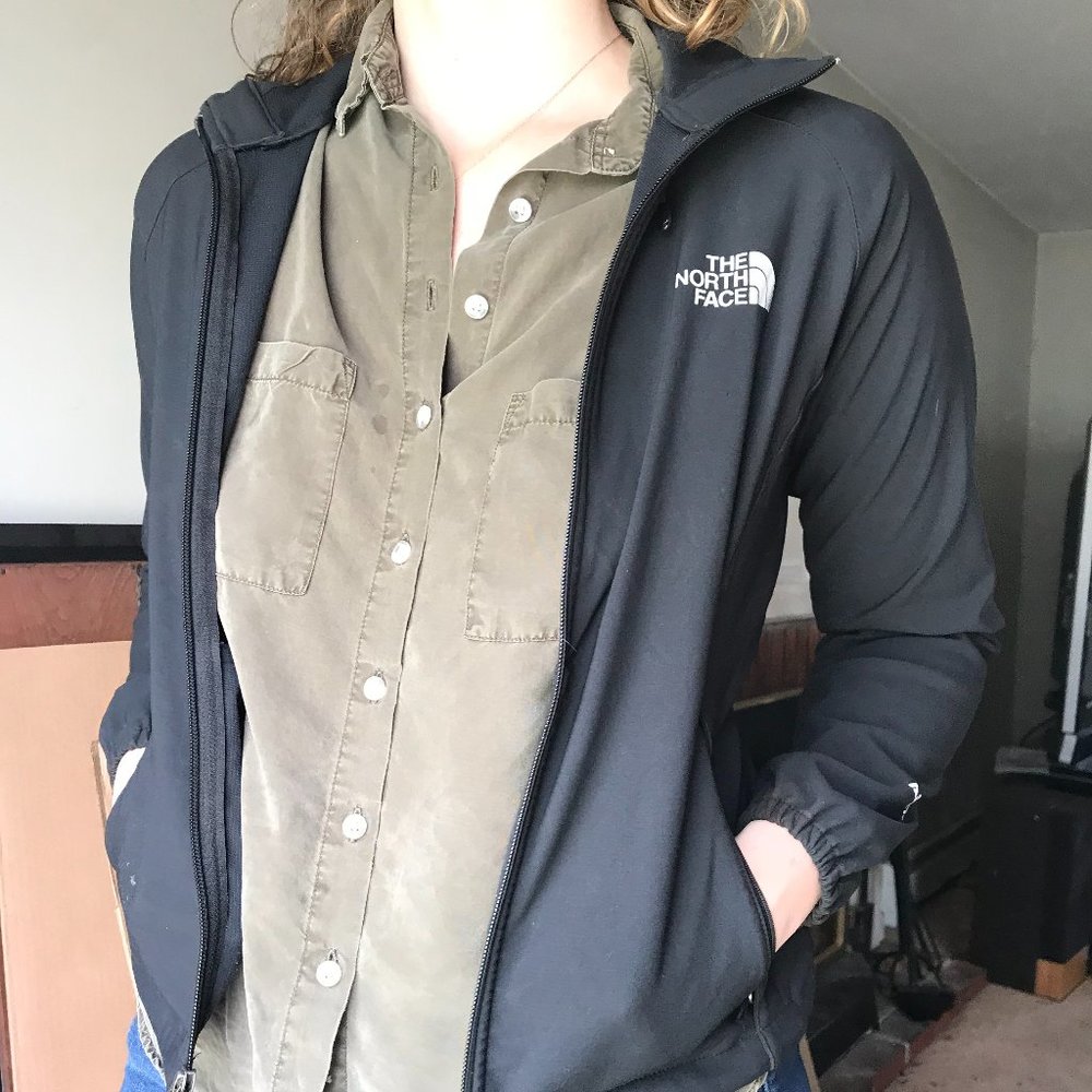 Lightweight black North Face zip-up hooded jacket